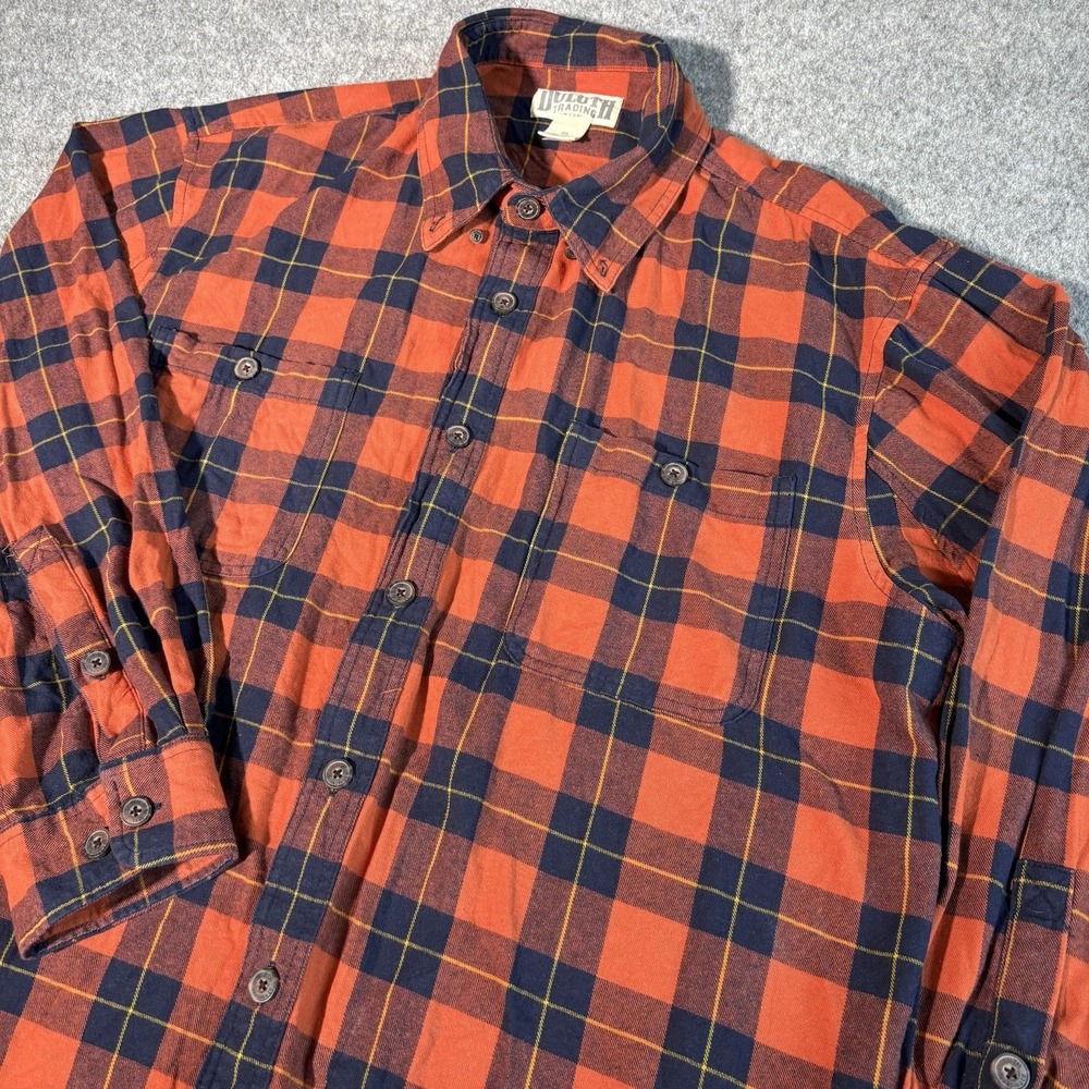 Duluth Trading Co Flannel Shirt Mens XL Orange Navy Plaid Button Up Workwear